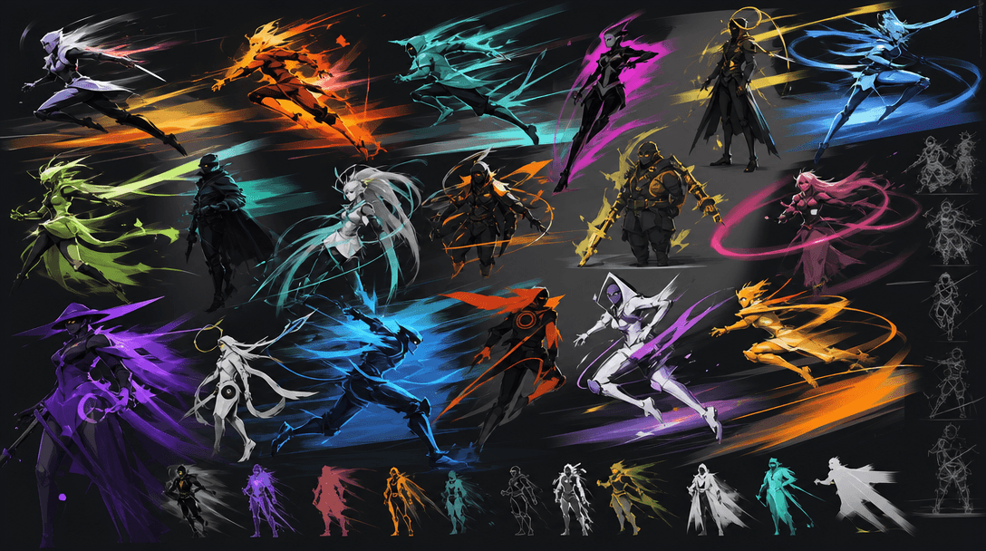 Rapid creative exploration visualization. Multiple character silhouettes in motion, fast generation concept, light trail