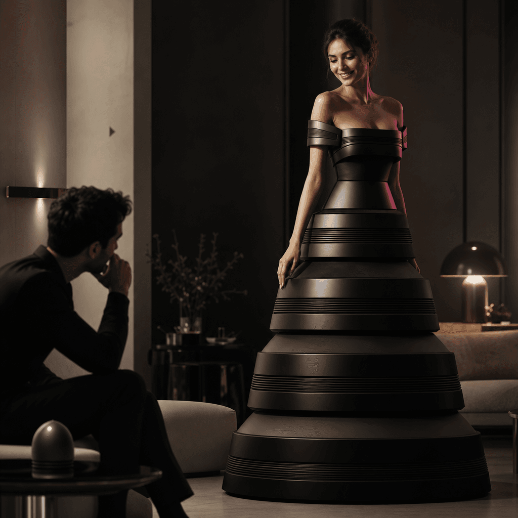 A matte black wellness jar transformed into an elegant architectural dress for a surprise entrance, photographed in a re