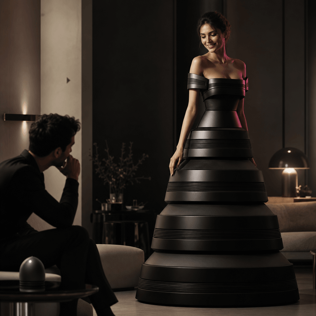 A matte black wellness jar transformed into an elegant architectural dress for a surprise entrance, photographed in a re