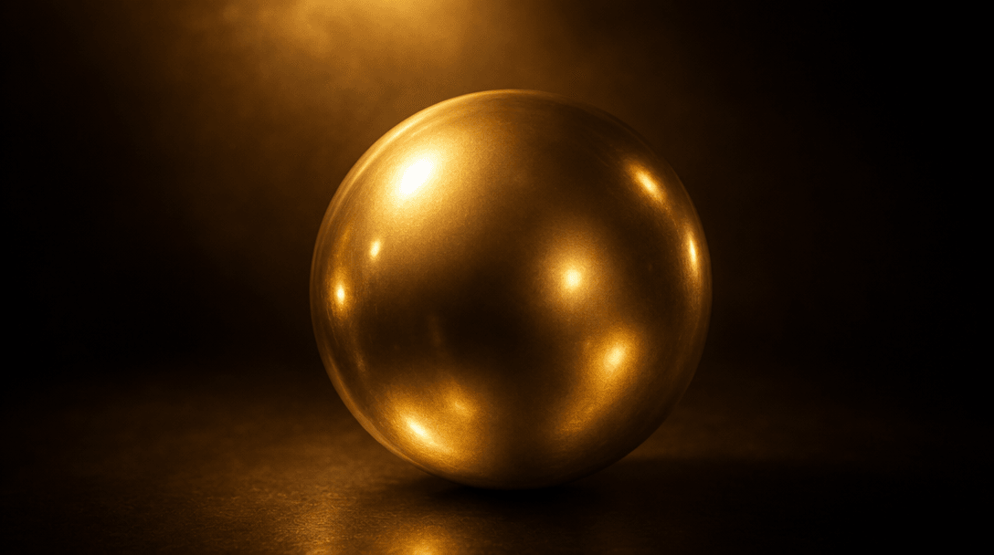 Abstract visualization of warm diffused studio light falling across a polished gold sphere. Multiple soft catchlights vi