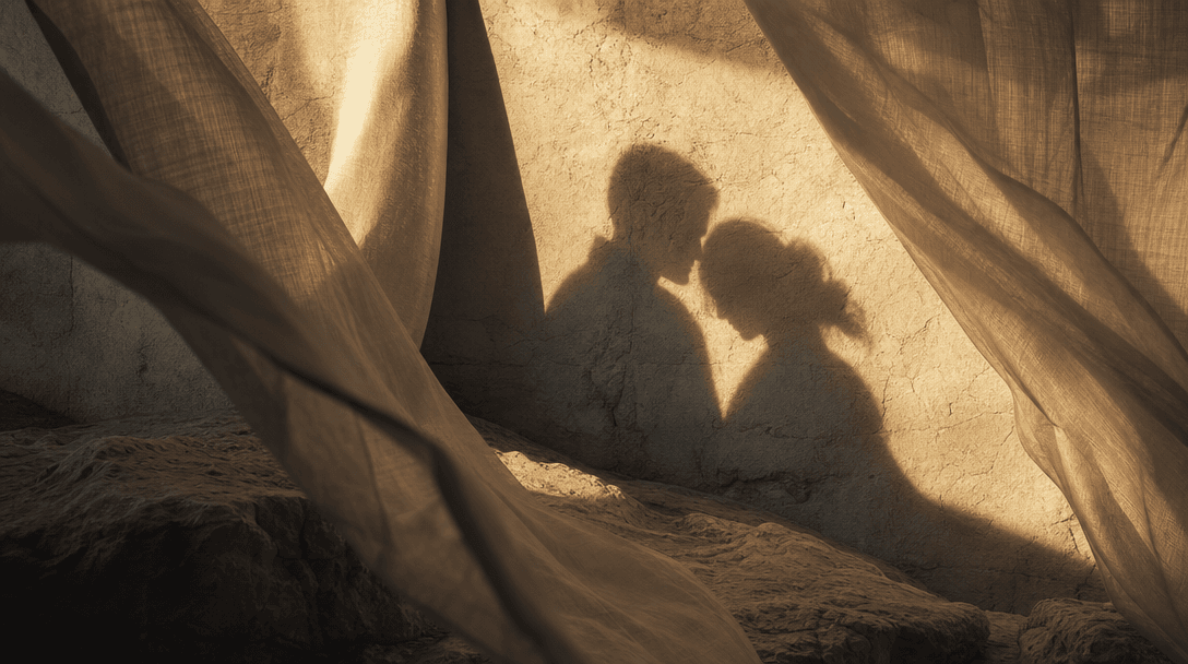 Two abstract human silhouettes suggested through overlapping warm shadows on textured stone, framed by windblown linen a