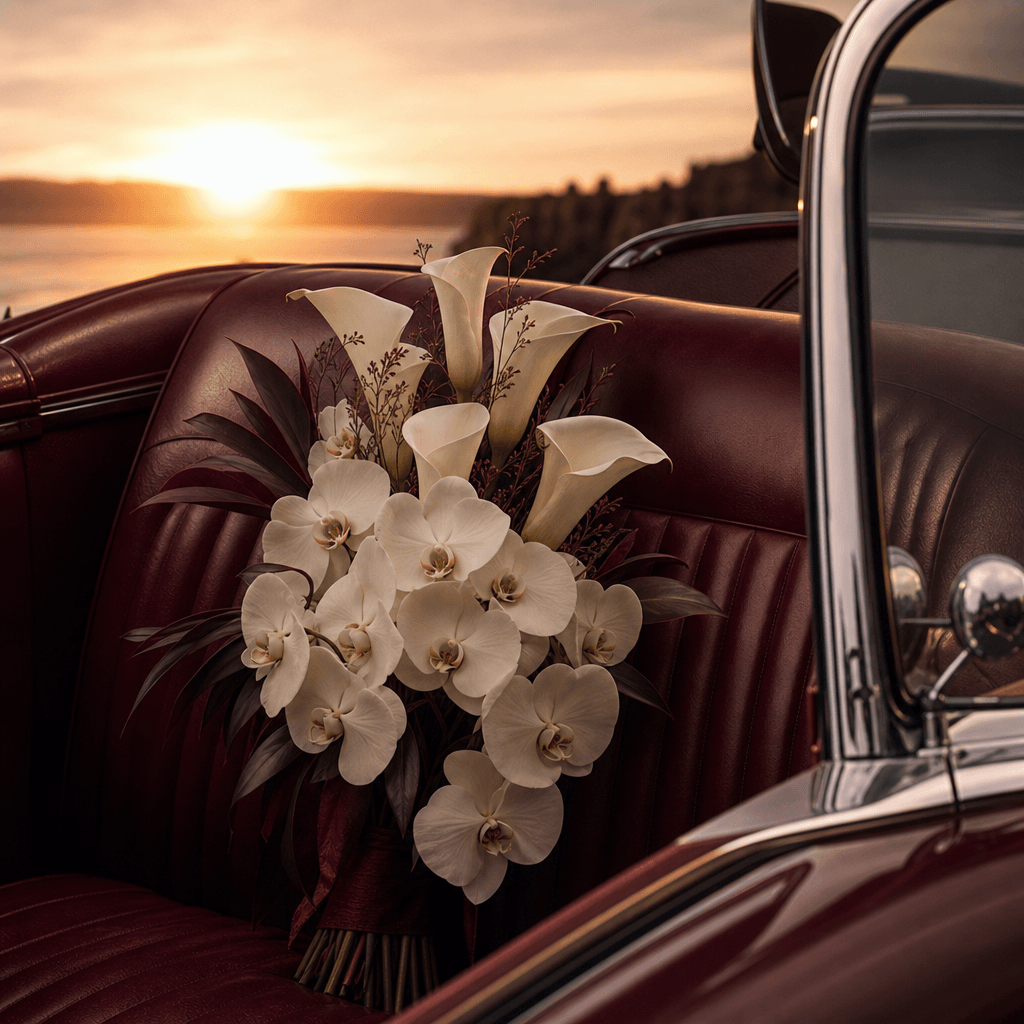 A sculptural white orchid and calla lily bouquet arranged on the burgundy leather seat of a vintage convertible, cinemat