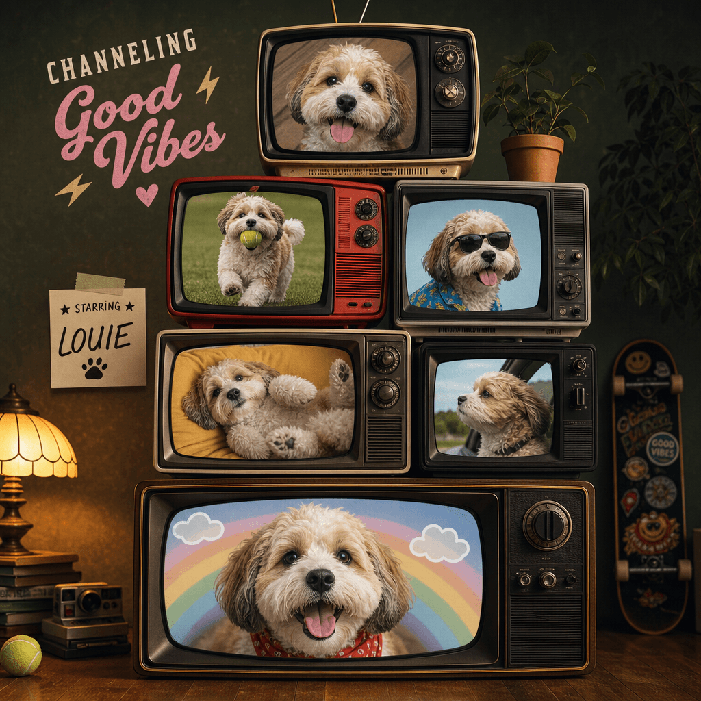 A creative TV stack portrait of a pet, showcasing the fun and playful nature of the template. The retro screens display