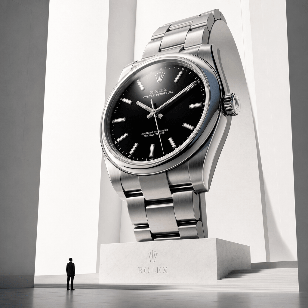 Luxury watch expanded to monument scale in minimalist white space, dramatic shadows and highlights, sophisticated presen