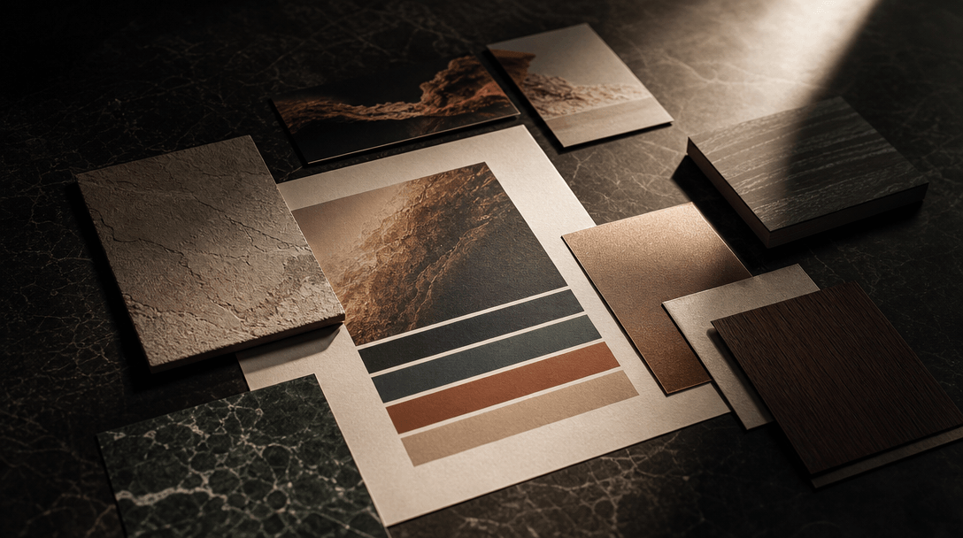 Elegantly composed brand identity materials — printed color bar sheets, material swatch cards, and clean reference tiles