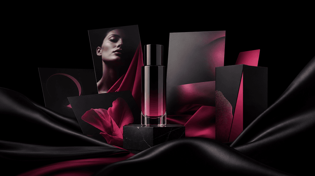 A single luxury cosmetic product surrounded by several physical campaign formats represented as paper cards, magazine sh