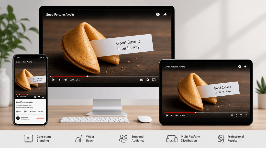 Fortune cookie video displayed on multiple devices—phone screen, tablet, desktop monitor—all showing the same polished v
