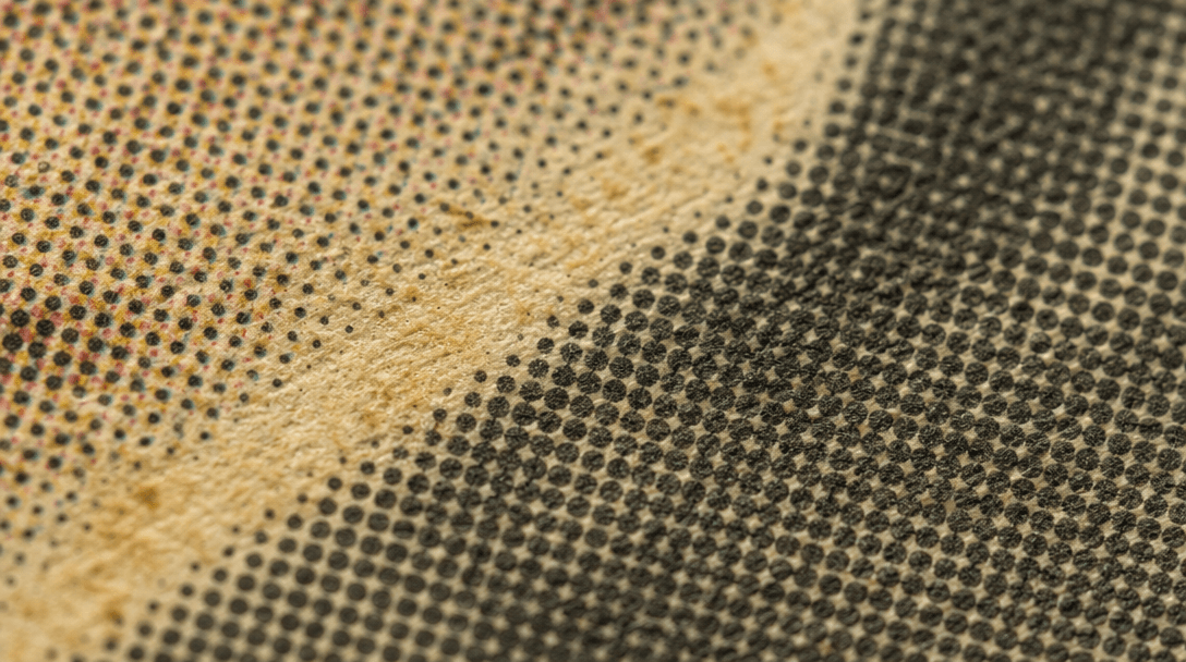 Extreme macro close-up of aged newsprint surface. Halftone dots at visible resolution showing their circular dot structu