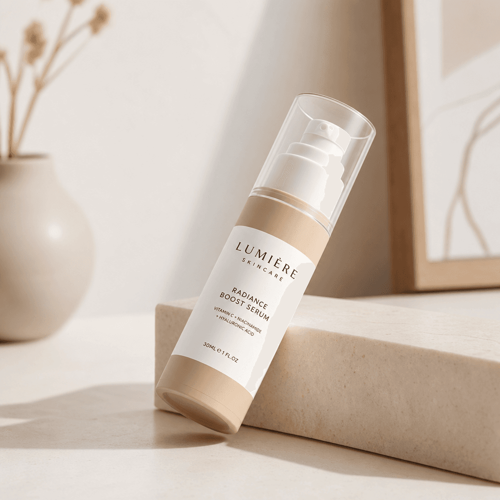 Alternative angle product shot: product tilted at dynamic 45-degree angle, minimalist interior background, soft diffused