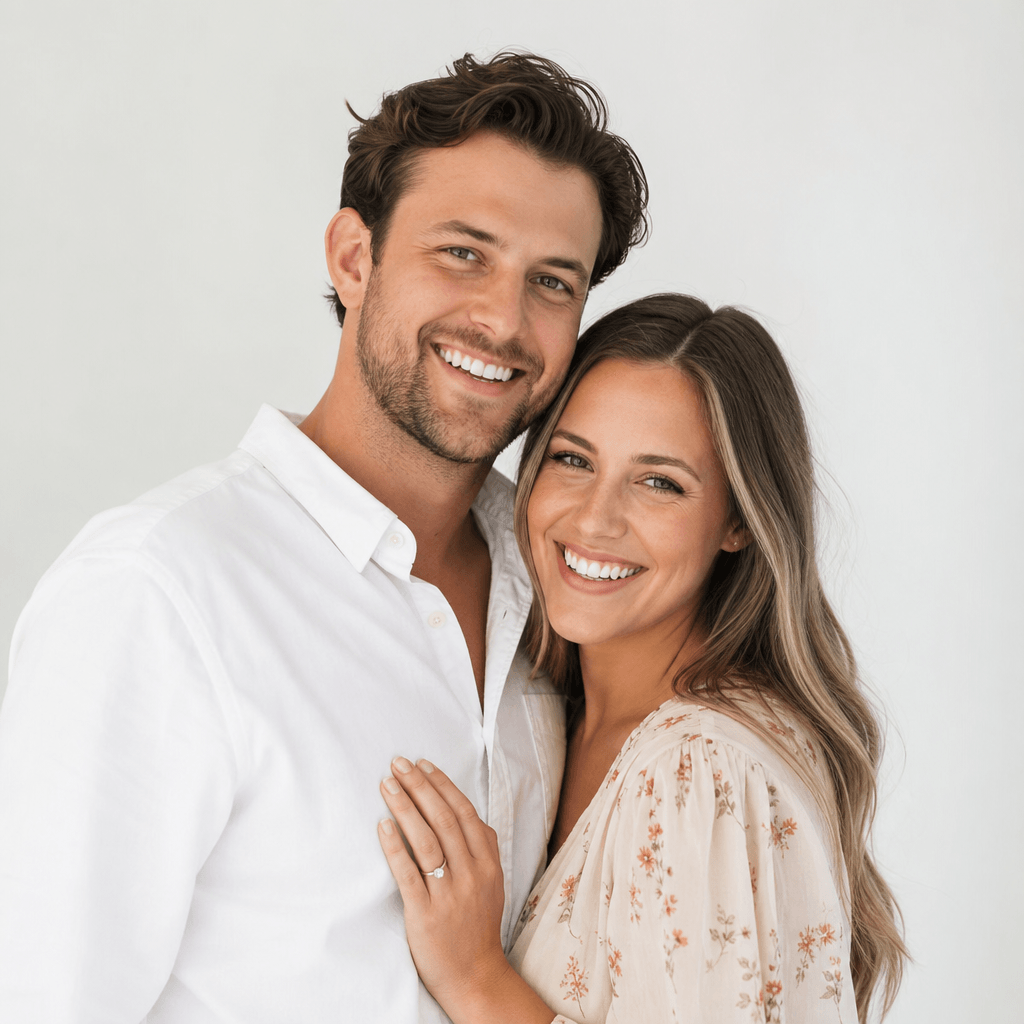 Joyful couple portrait. Both smiling, natural and candid-looking composition. Bright studio lighting, clean background,