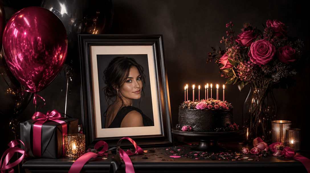 A single framed portrait photograph transforming into a complete birthday still life, with ribbons, reflective balloons,