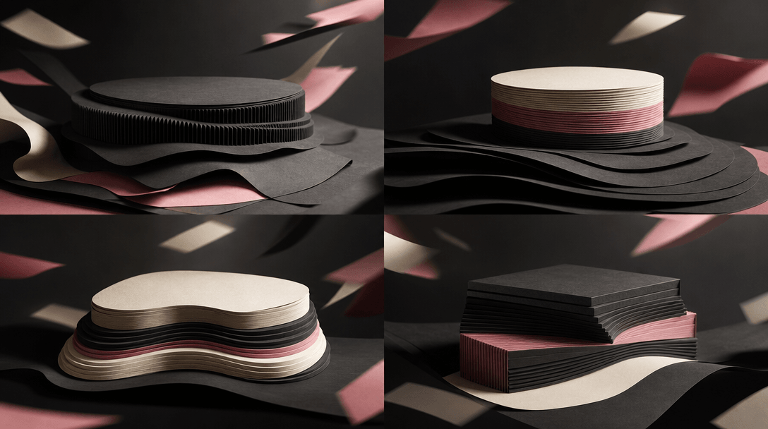 Four related product pedestals formed from differently arranged paper layers, each sharing the same charcoal, cream, and