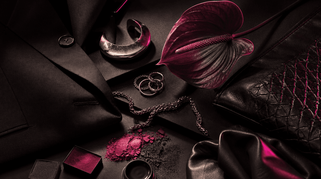 A dark editorial wardrobe still life with tailored black fabric, metallic jewelry, textured leather, makeup pigments, an