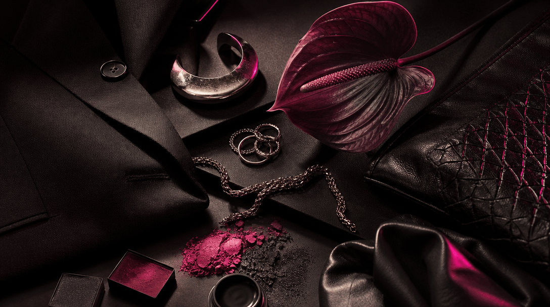 A dark editorial wardrobe still life with tailored black fabric, metallic jewelry, textured leather, makeup pigments, an