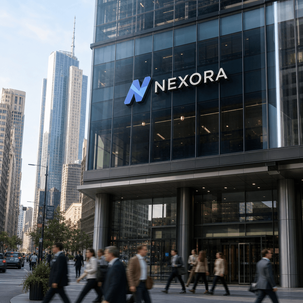 Professional brand logo displayed on modern glass and steel building facade in busy downtown, daytime, realistic urban e