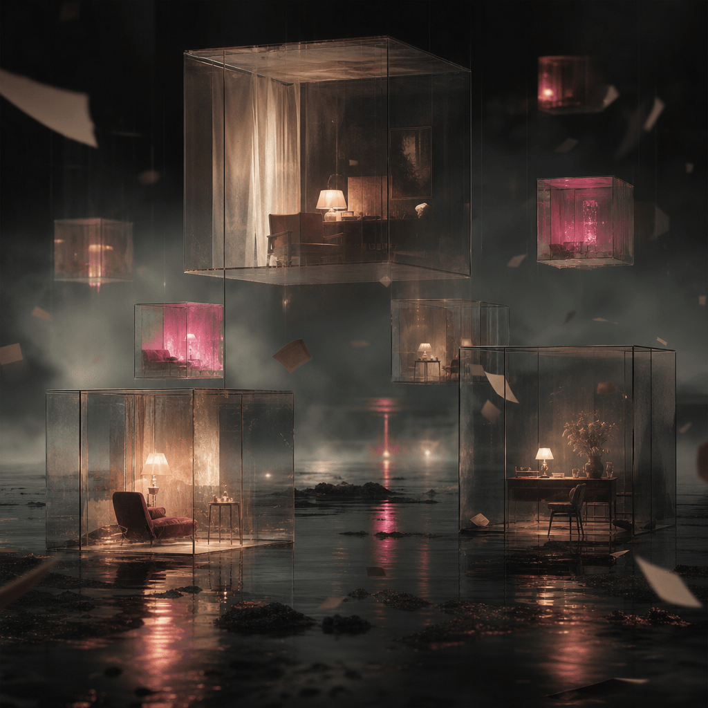 An abstract literary illustration of memory represented by translucent glass rooms floating over a dark reflective lands