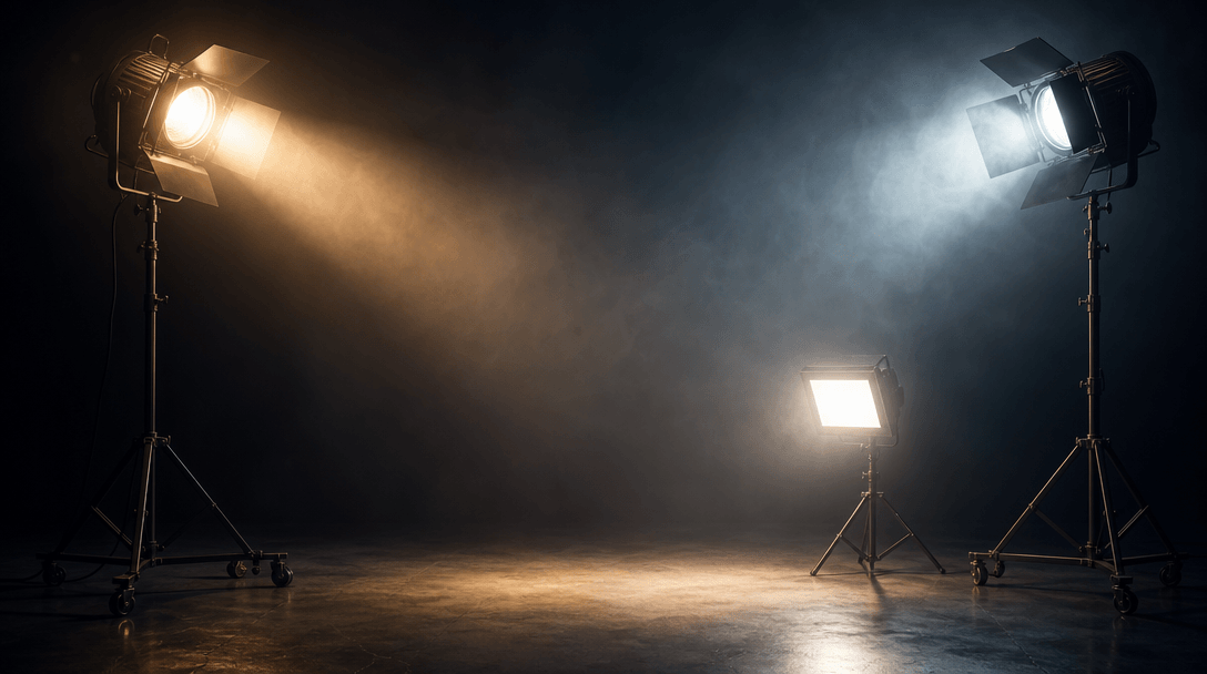 Studio lighting setup with professional key light, rim light, and fill light illuminating an invisible subject. Light ra