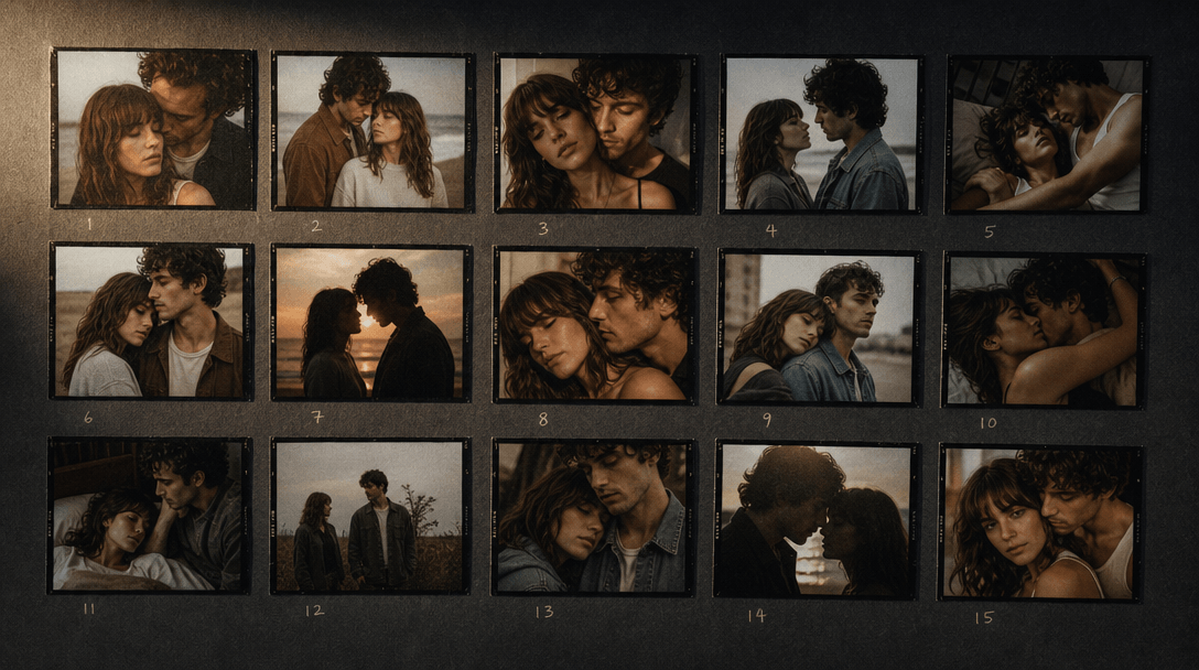 A grid of portrait contact-sheet thumbnails arranged on a dark slate surface — warm side-raking light across the prints,