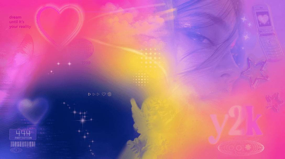Soft focus color gradient montage: hot pink, pastel purple, soft yellow, deep navy blending together, Y2K aesthetic mood