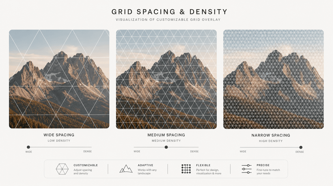 Abstract geometric pattern grid overlay on mountain landscape terrain showing customizable spacing and density visualiza