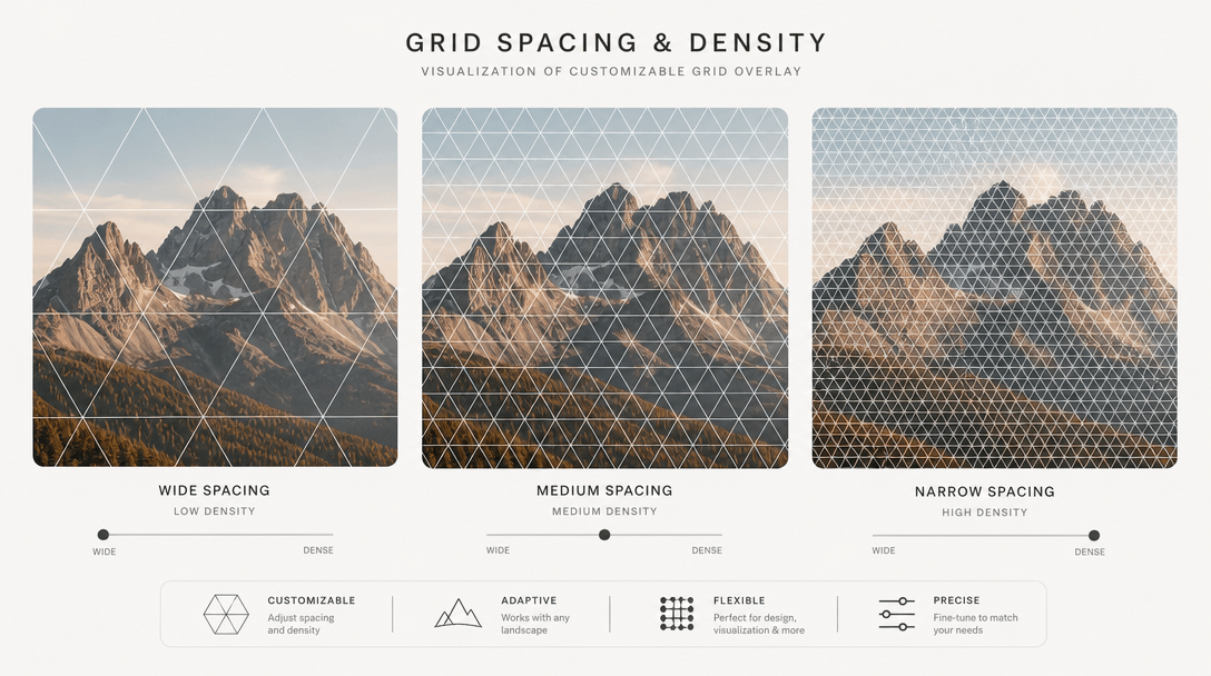 Abstract geometric pattern grid overlay on mountain landscape terrain showing customizable spacing and density visualiza