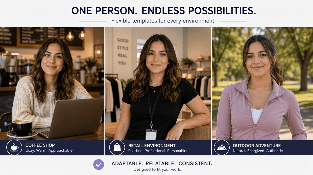 Split-screen or multi-variation composition showing the same person in three different environments (coffee shop, retail