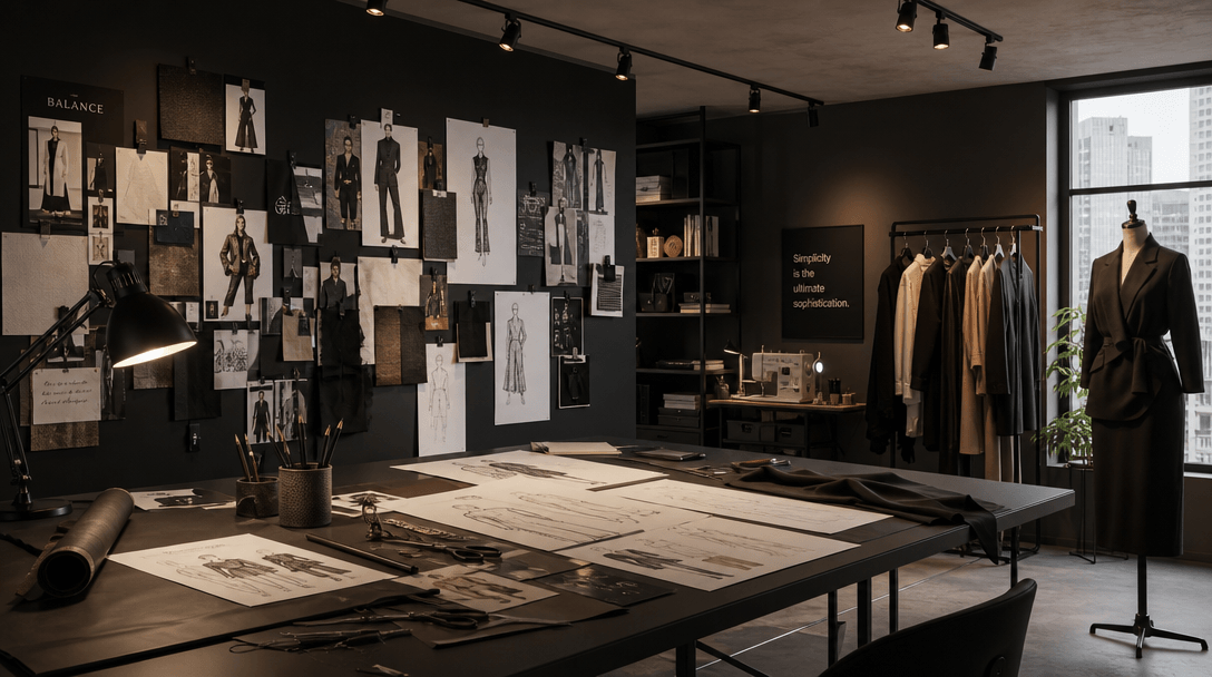 Modern fashion design studio interior: mood boards on walls, design sketches on drafting table, professional lighting, c