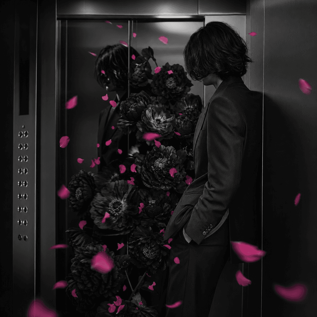 An elegant monochrome elevator portrait interrupted by a surreal burst of black flowers and hot pink petals, anonymous s