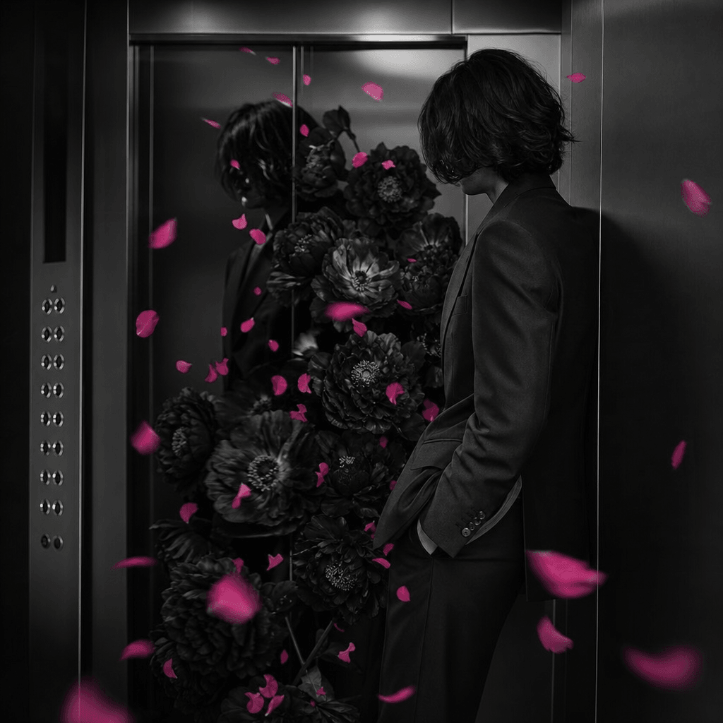 An elegant monochrome elevator portrait interrupted by a surreal burst of black flowers and hot pink petals, anonymous s