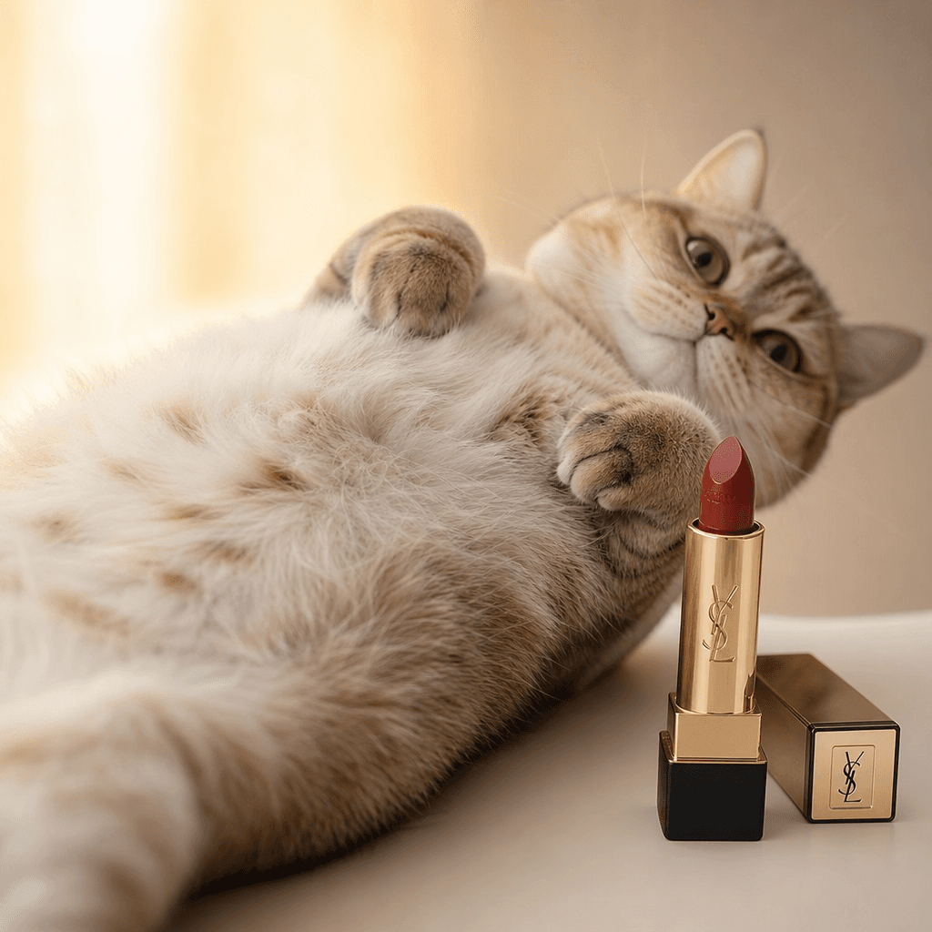 Cat belly with luxury lipstick product positioned on minimal background, soft focus separation, warm backlighting.