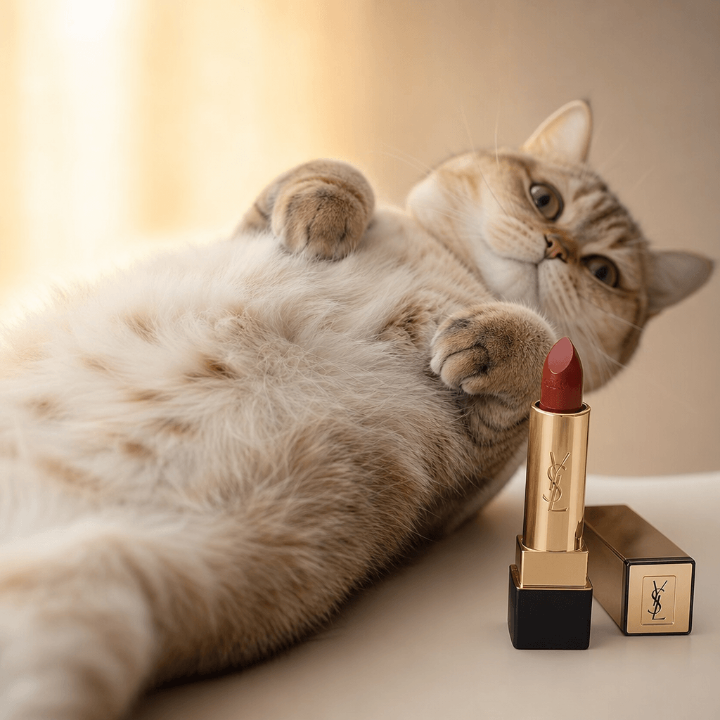 Cat belly with luxury lipstick product positioned on minimal background, soft focus separation, warm backlighting.