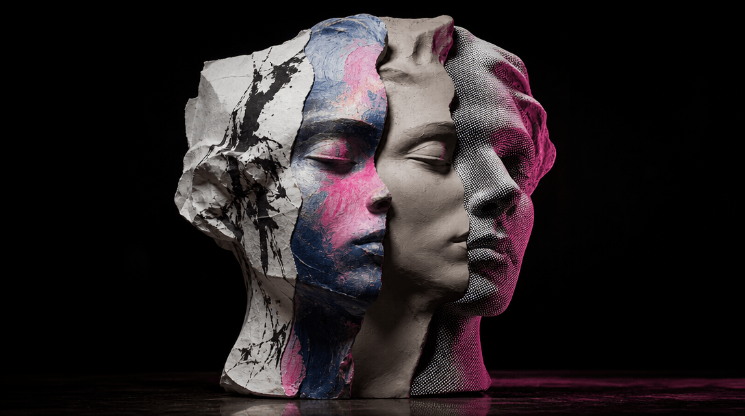 One sculptural portrait form splitting into four distinct artistic materials: inked paper, painted canvas, smooth clay,
