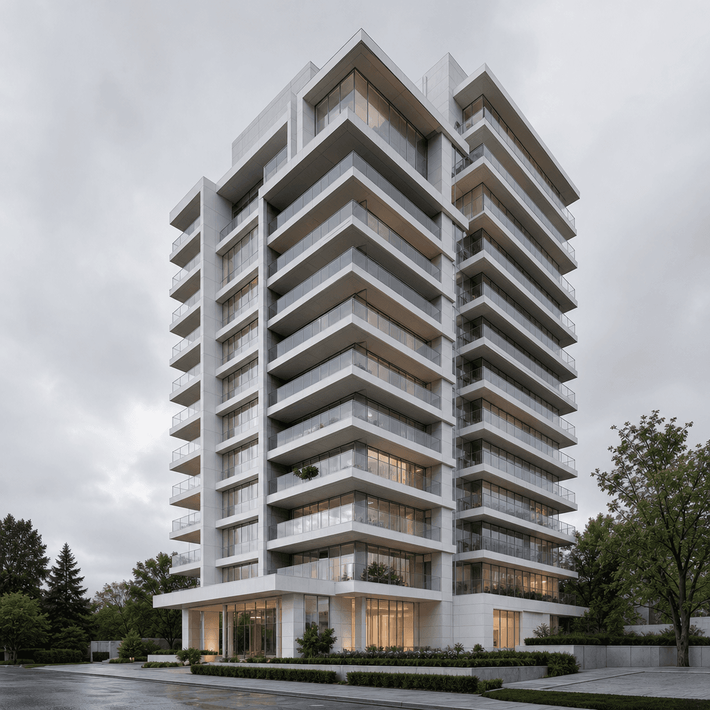 High-resolution architectural CGI render of a modernist residential tower, crisp white concrete and floor-to-ceiling gla