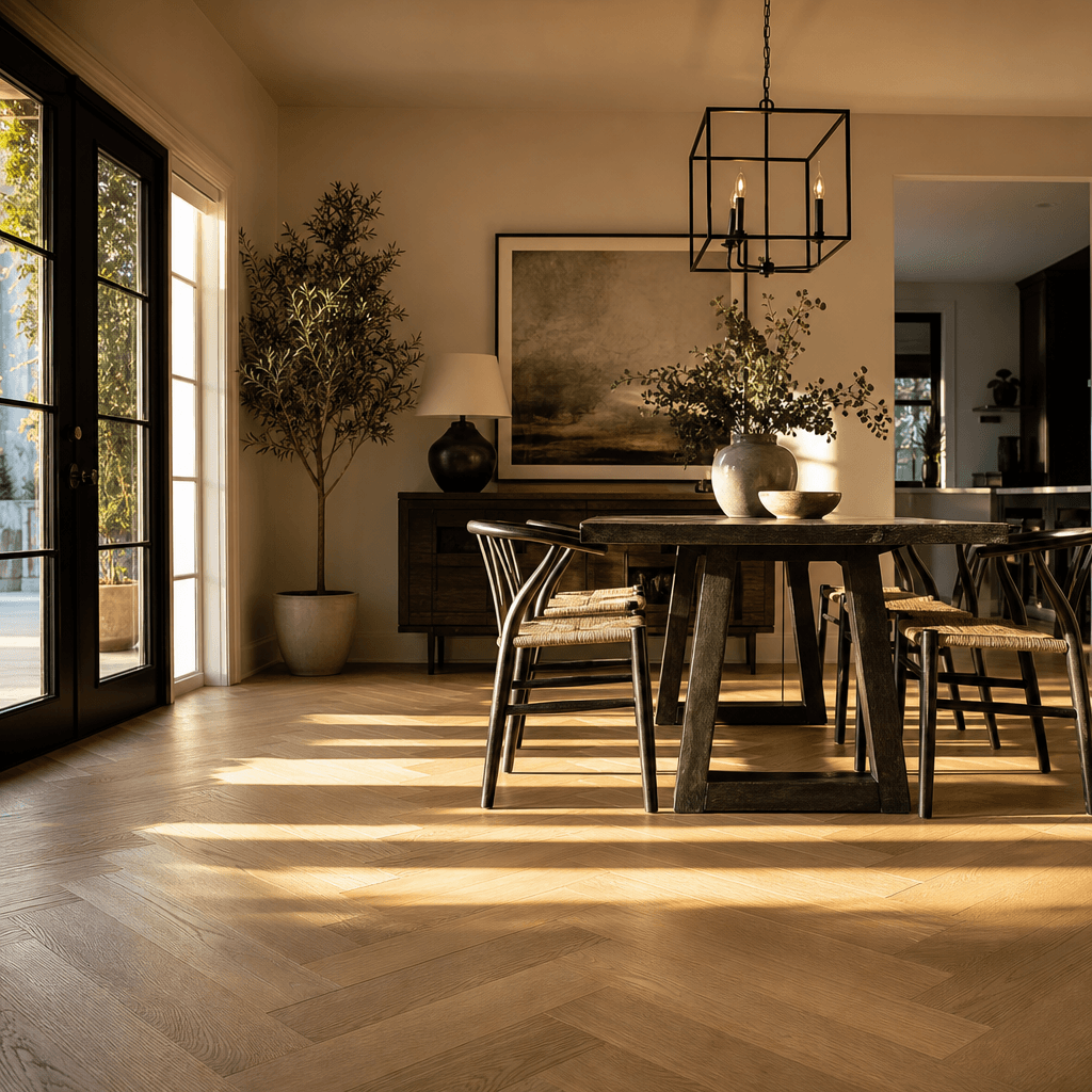 Residential dining area with wide-plank white oak herringbone flooring installed under a statement black-steel pendant l