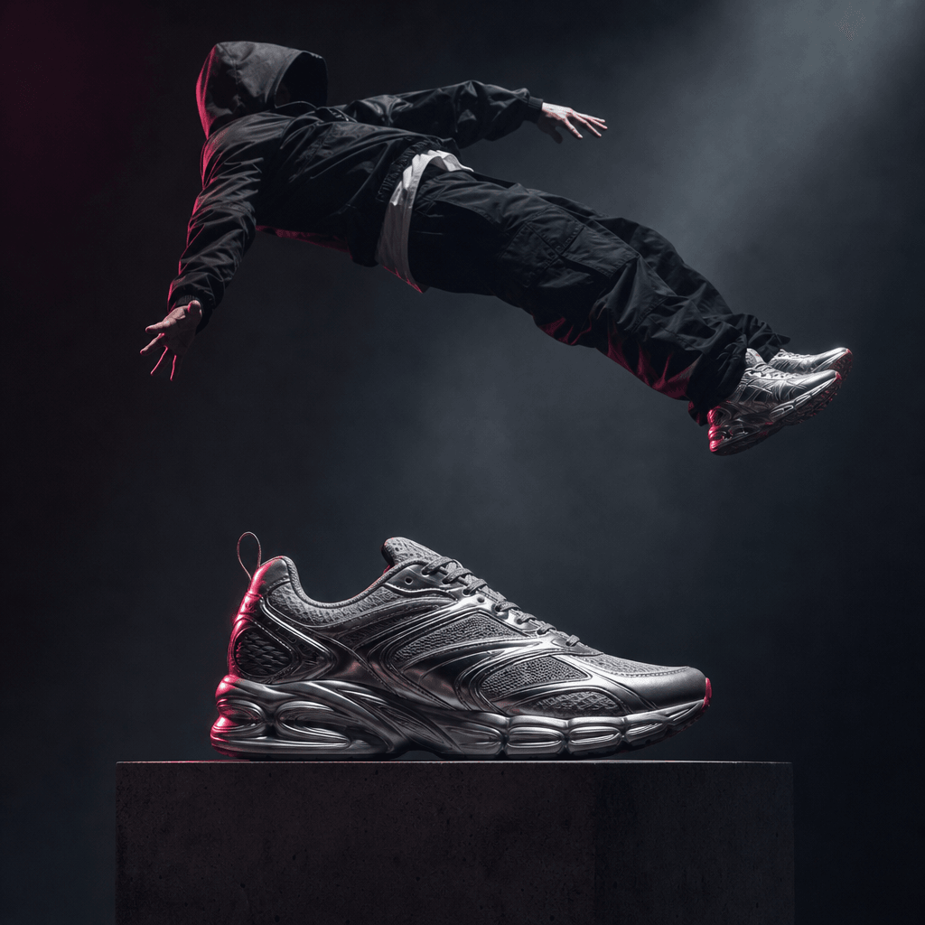 A sleek metallic sneaker on a low studio plinth while an anonymous streetwear figure floats horizontally above the set a