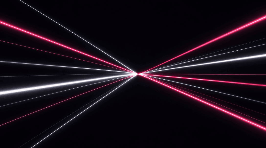 Abstract dark editorial image of multiple converging light beams against a near-black #0A0A0F background — white and hot