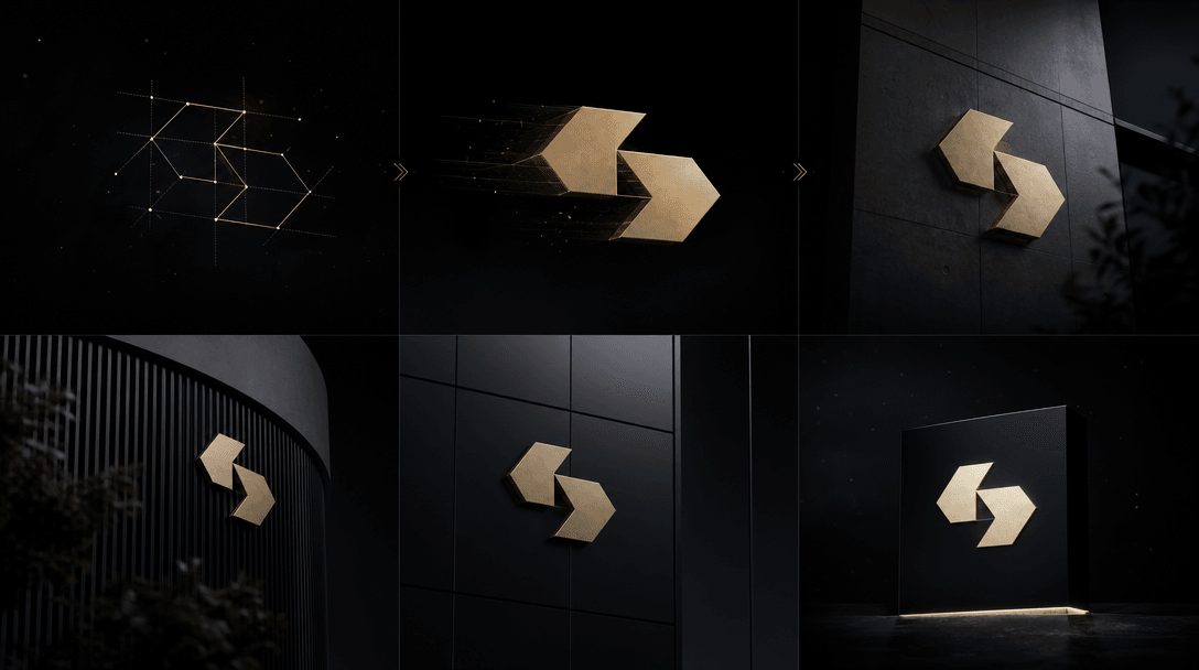 Abstract sequence of a geometric brand logo smoothly transforming and repositioning across stylized architectural surfac