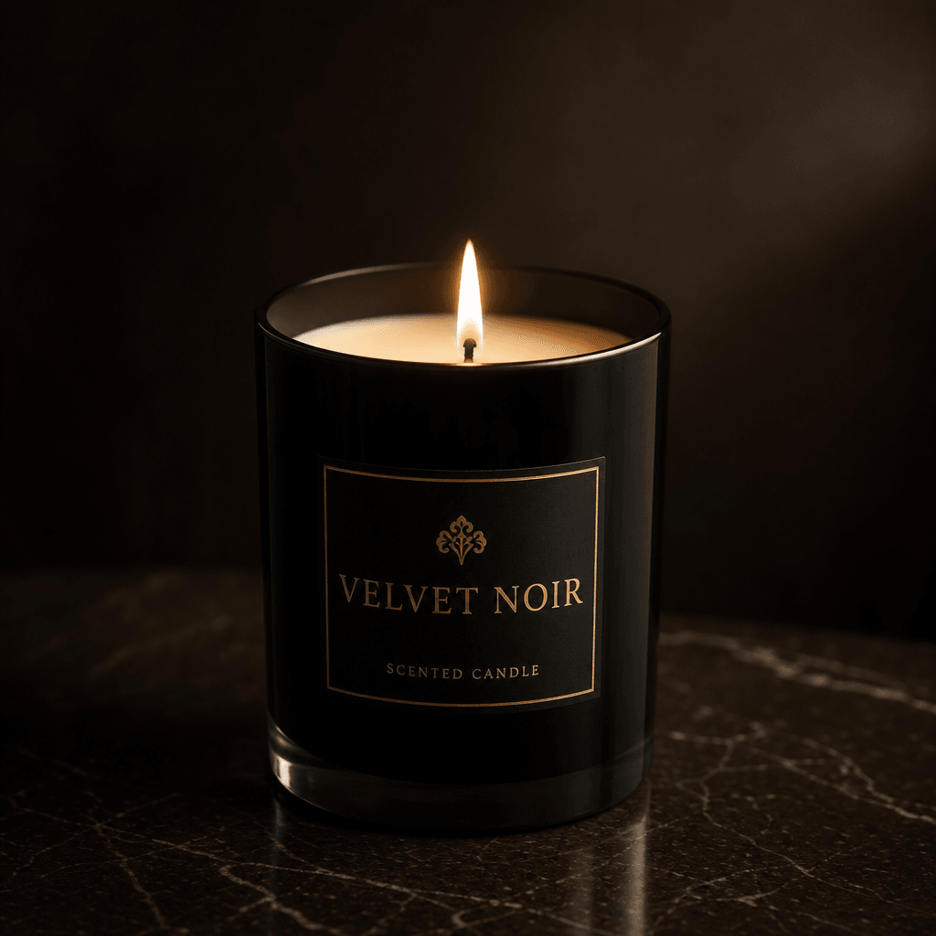 Single luxury candle with realistic flame, soft ambient lighting creating shadow and depth on wax surface, sophisticated