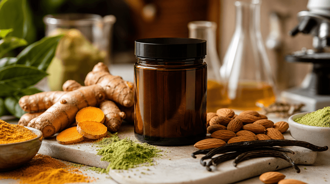 A supplement jar surrounded by raw ingredient clusters — turmeric root, green matcha powder dust, whole almonds, vanilla