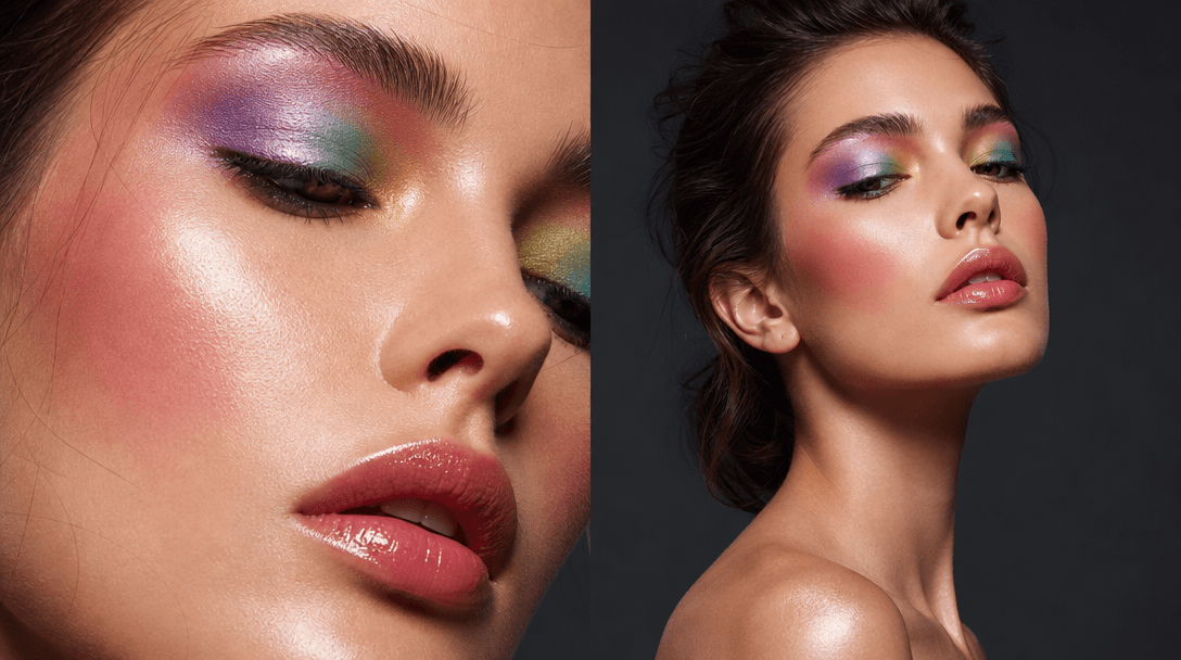 Editorial beauty photography showing makeup artistry and color application, professional lighting and retouching, magazi