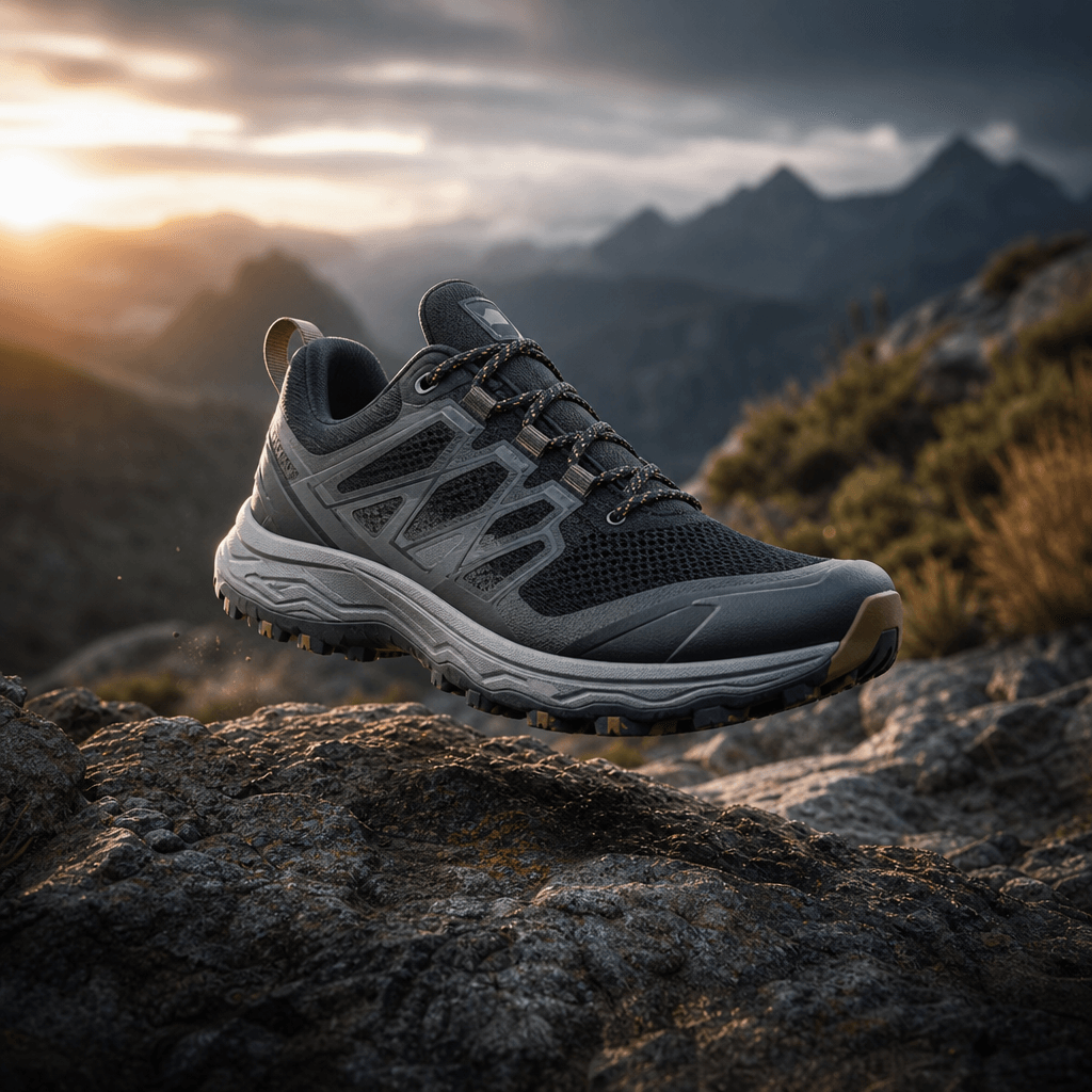 A modern trail sneaker suspended just above a rugged stone surface, with a blurred mountain valley and windswept vegetat