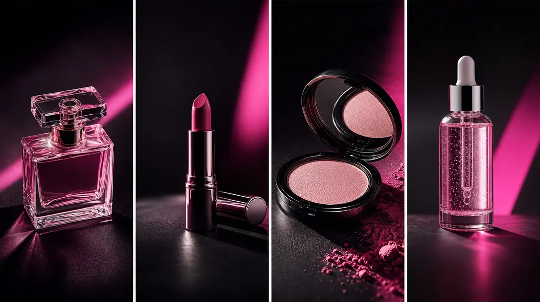 Four distinct beauty products arranged in a rhythmic campaign series across a dark studio table, each receiving a differ