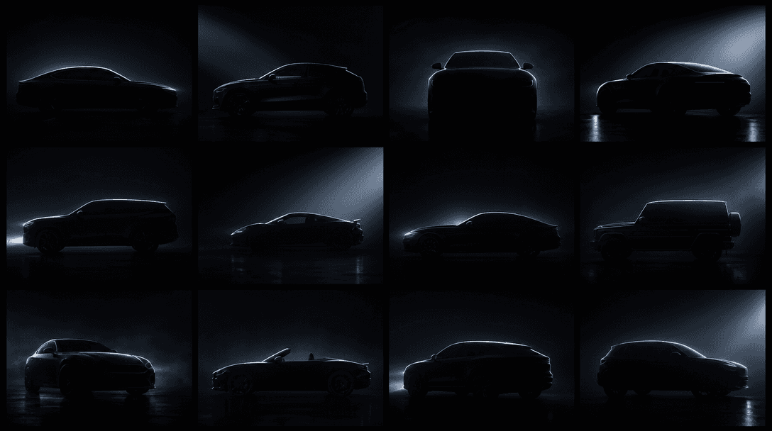 Abstract grid composition for automotive batch generation theme: twelve faint editorial car silhouettes arranged in a cl