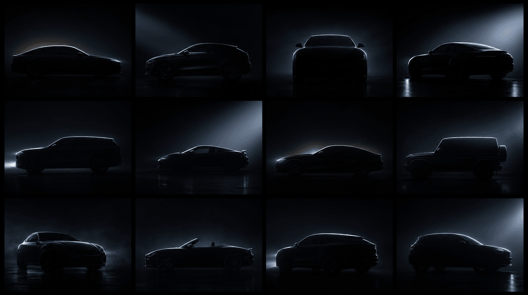 Abstract grid composition for automotive batch generation theme: twelve faint editorial car silhouettes arranged in a cl