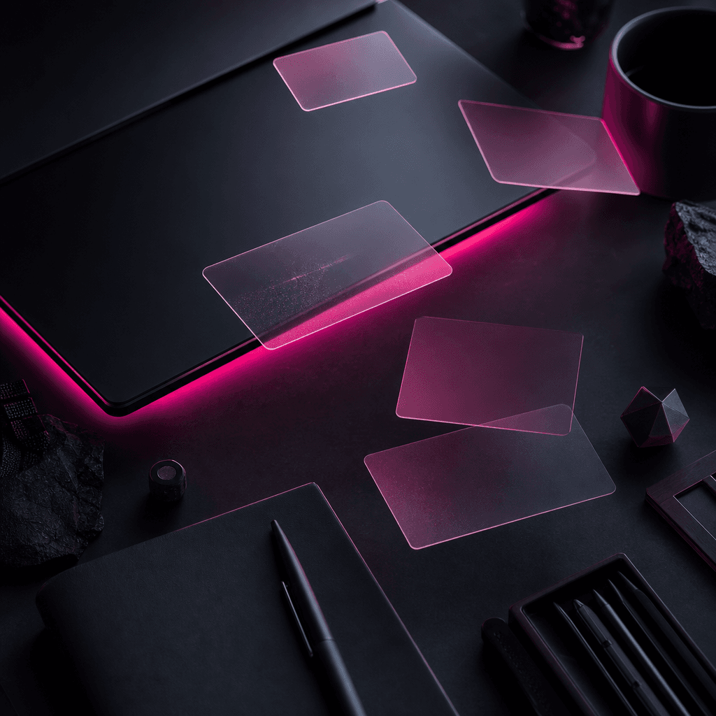 Aerial editorial view of a dark creative workspace: matte dark surface, subtle hot pink LED glow emanating from beneath