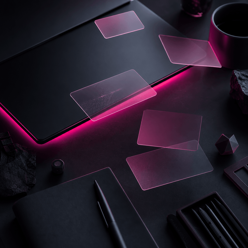 Aerial editorial view of a dark creative workspace: matte dark surface, subtle hot pink LED glow emanating from beneath