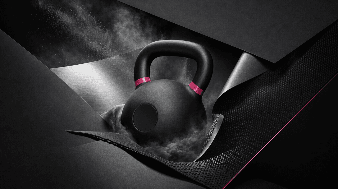 A premium fitness product emerging from layered sheets of black paper, brushed metal, textured rubber, and airborne mist
