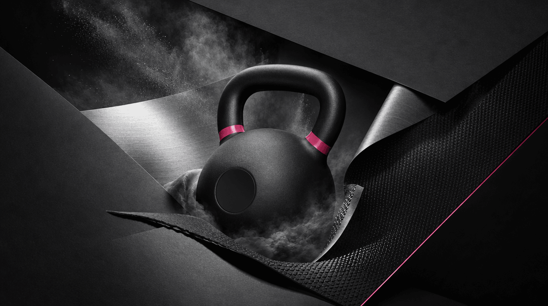 A premium fitness product emerging from layered sheets of black paper, brushed metal, textured rubber, and airborne mist