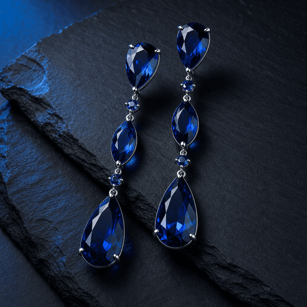A pair of long sapphire drop earrings laid on matte black slate. Cool blue ambient side-lighting plays across the facete