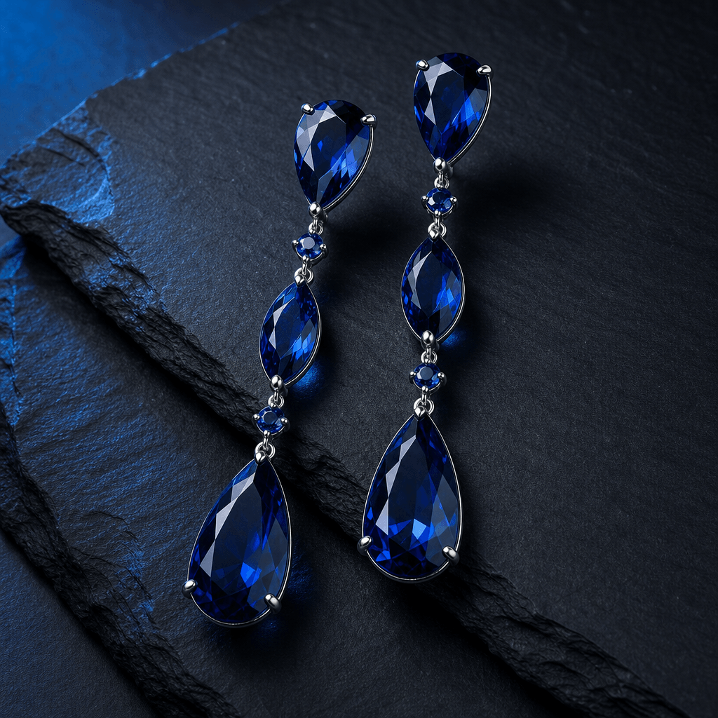 A pair of long sapphire drop earrings laid on matte black slate. Cool blue ambient side-lighting plays across the facete